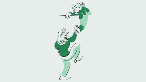 Illustrasjon av en person som drar en annen person opp, tegnet av illustratør Lotta Köhler for Psykologforeningen.