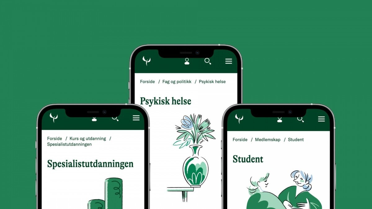 Illustrasjon av tre mobiltelefoner som viser et lite utdrag av den nye nettsiden til Psykologforeningen, med noen illustrasjoner tegnet av Lotta Köhler..